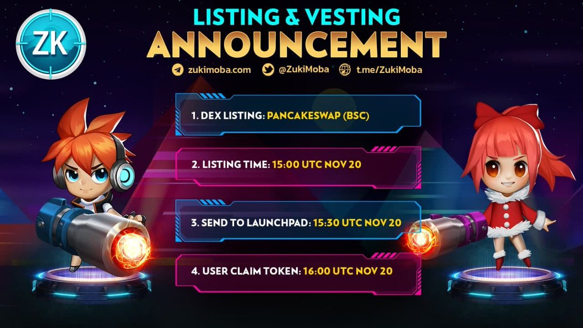 WangsevenAM's tweet photo. LISTING AND VESTING ANNOUNCEMENT

 👉DEX listing: PancakeSwap (BSC) 
 👉Listing time: 15:00 UTC Nov 20 
👉Send to Launchpad: 15:30 UTC Nov 20 
 👉User claim token: 16:00 UTC Nov 20

👉 Contract token:
0xE81257d932280AE440B17AFc5f07C8A110D21432

#ZukiMoba
#LZPad https://t.co/qD4xQuVYws