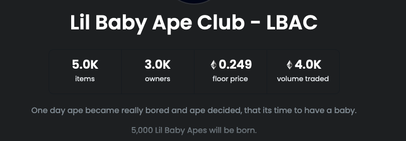JungleBayAC's tweet photo. Over 4K ETH traded in less than 5 days and 3k+ owners.. 100% Community Driven &amp; Operated!

LFG🚀

#LBAC #LilBabyApeClub @LBACofficial https://t.co/n017PYImPK