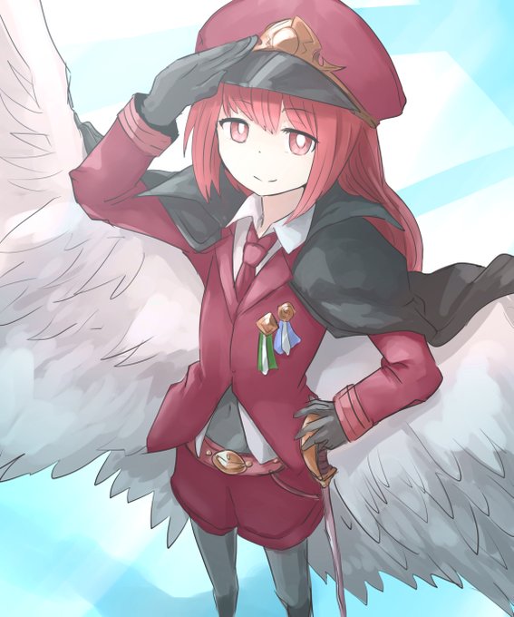 ナギサ・クリムゾンイーグル【@nagisahayate】
深紅の軍服がトレードマークな大鷲の翼を持つ魔族
魔族でも随一の飛行速度を誇るが、当の本人はのんびり屋な性格
見晴らしの良い高台などでよく日向ぼっこをしている 