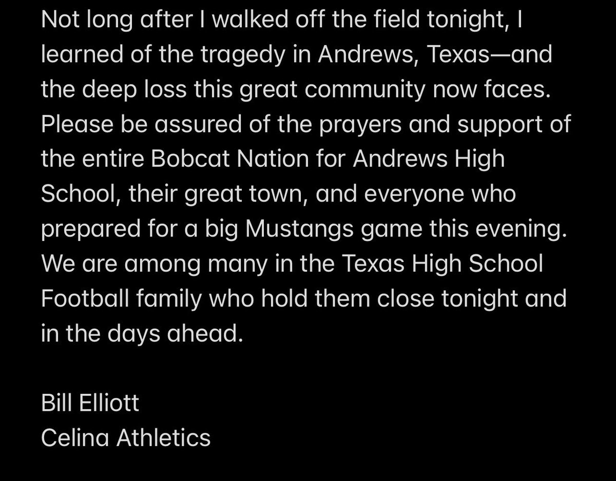 Bobcat nation, A message from our head coach, Bill Elliott. Our thoughts and prayers are with <a href="/Andrews_ISD/">Andrews ISD</a>