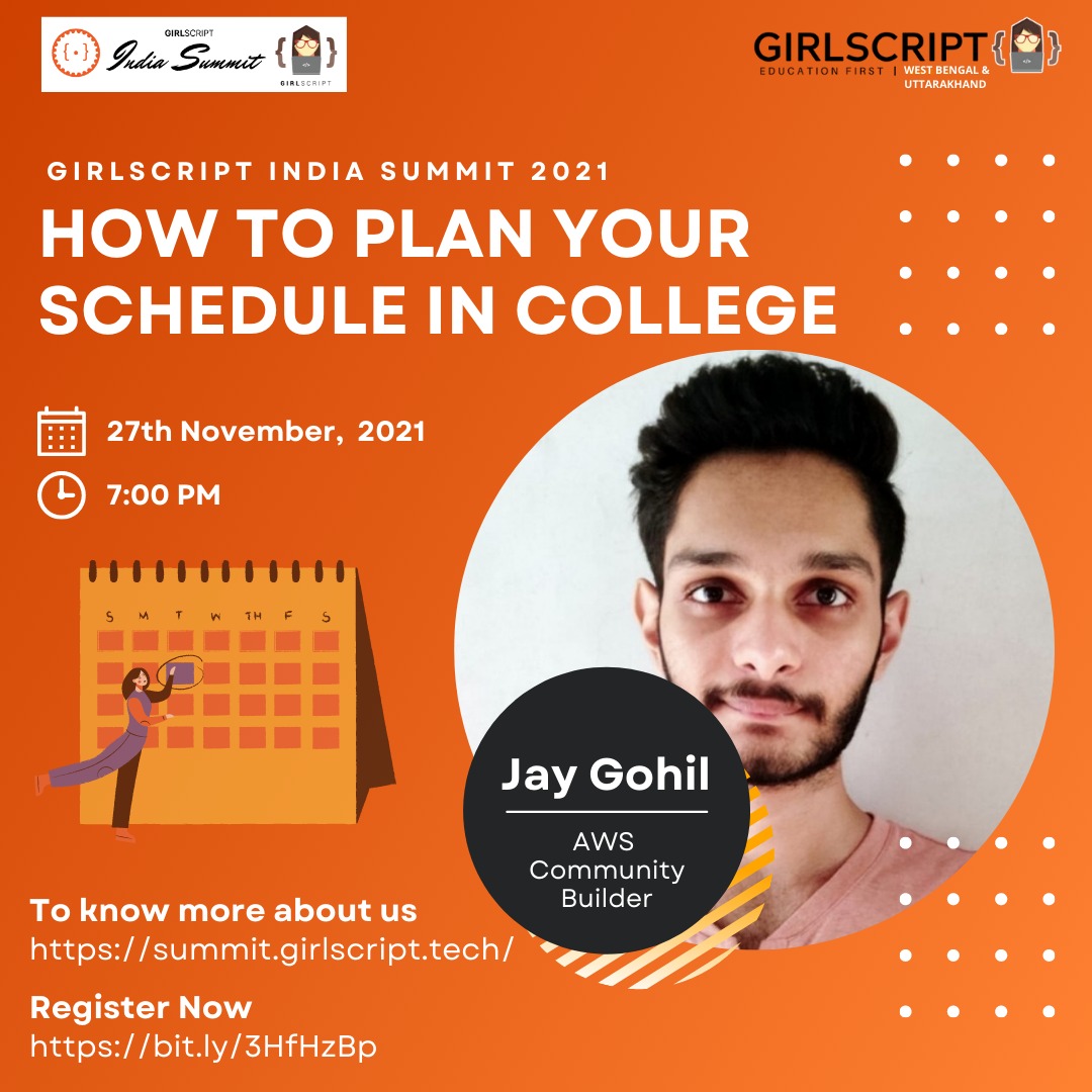 GirlScriptDurg1's tweet photo. Another update for you guys regarding the upcoming summit!
A session on "How to plan your schedule in college".
 Register right now:https://t.co/3cXxN7fkaf
HACK4WESTBENGAL&amp; UTTARAKHAND
#gssummit2021  #girlscriptfoundation  #girlscriptkolkata #girlscriptdehradun #ACM #IEMACM https://t.co/7ZYR7PqVXH