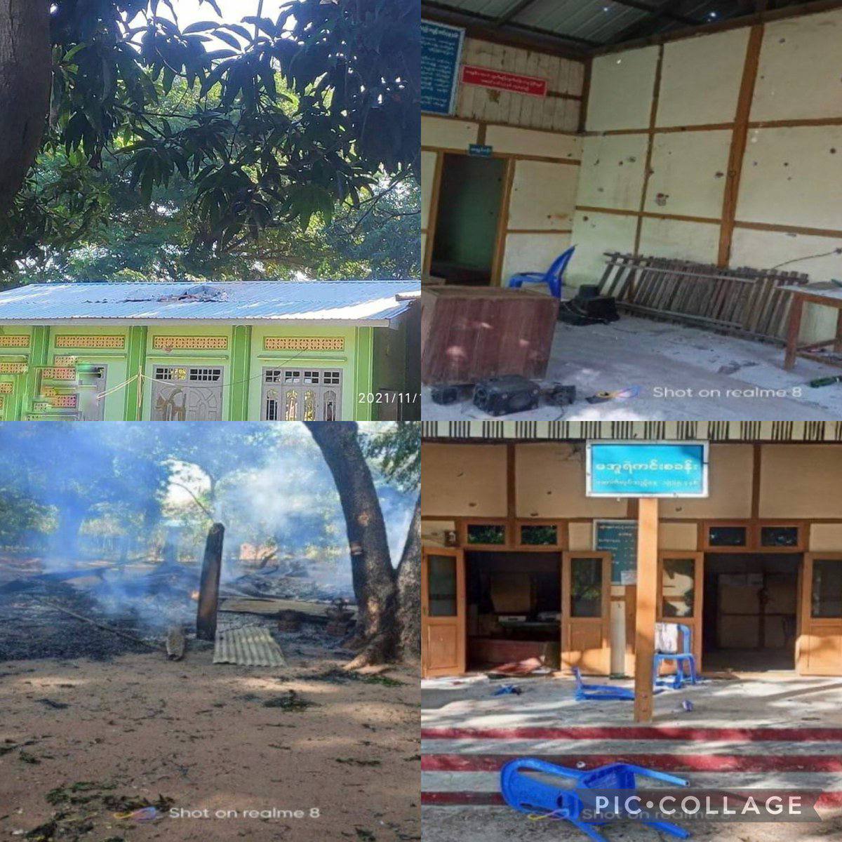 Clashes bet: PDF&amp;SAC happened in YeLalKyun village,Yesagyo till last evening. SAC raided villages 4 days straight&amp;fired heavy artillery shells,destroyed several homes,abducted at least 4 men&amp;killed livestocks.
#WarCrimesOfJunta
#Nov20Coup
#WhatsHappeningInMyanmar