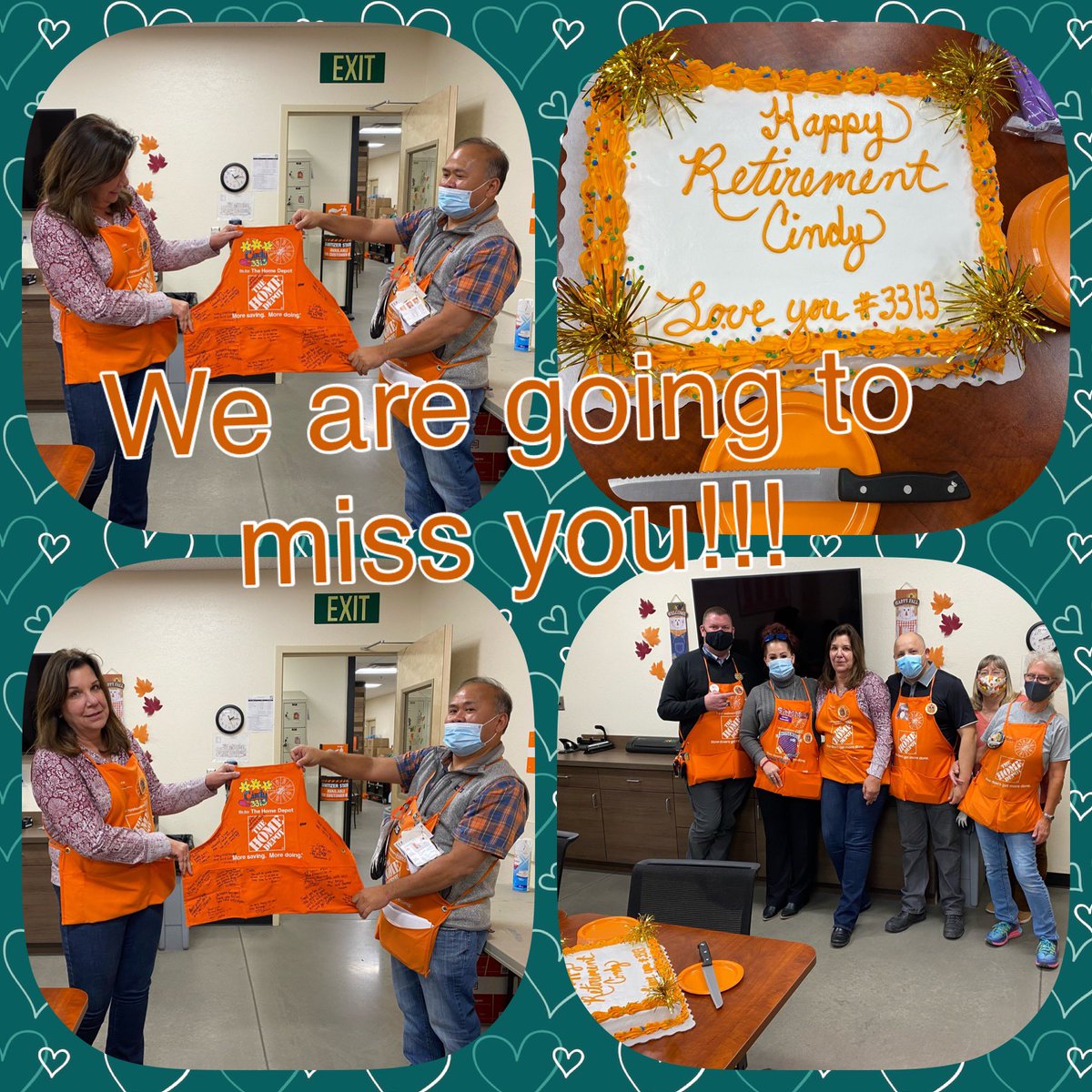 jfinn73716's tweet photo. Today we wish Cindy a very Happy Retirement! She’s been with Home Depot for 20 years, she will be missed! Good luck and enjoy! #3313dreamteam, @Alan_3313 @BoschertMaria @Summer_S_V @THD_SteveMitch @Jjasulliva https://t.co/Vuwj2LQGYr