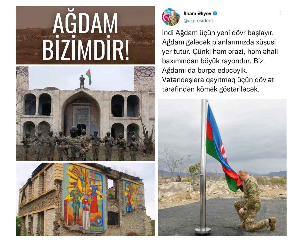 AzerbaijanMFA's tweet photo. 20 noyabr, 2020-ci il tarixində #MüzəffərAliBaşKomandan cənab İlham Əliyevin rəhbərliyi altında #RəşadətliAzərbaycanOrdusu #Ağdam şəhərində üçrəngli bayrağımızı 🇦🇿ucaltdı.

City of #Aghdam was liberated on 20 November 2020.

#VətənMüharibəsi 
#QarabağAzərbaycandır! https://t.co/svPDNm289Y