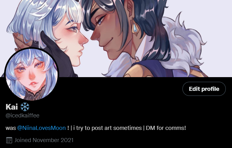 hello friends! i will be moving to <a href="/icedkaiffee/">Iced Kai 🧊☕️ COMMS</a> and will be posting art from this account from now on :] 

this account will be privated and i will be reposting my recent/best works in the new account, so feel free to to unfollow/sb here!