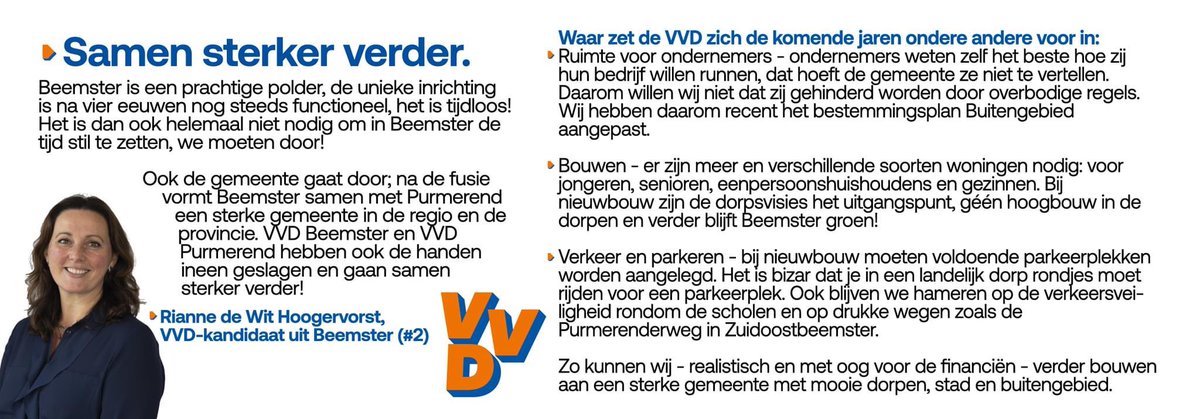 VVDBeemster's tweet photo. Beemster is een prachtige polder, de unieke inrichting is na vier eeuwen nog steeds functioneel en tijdloos! Het is niet nodig om in Beemster de tijd stil te zetten, we moeten door! Ook de gemeente gaat door; beide VVD fracties gaan na de fusie samen sterker verder! @wit_rianne https://t.co/GwCggJUskh