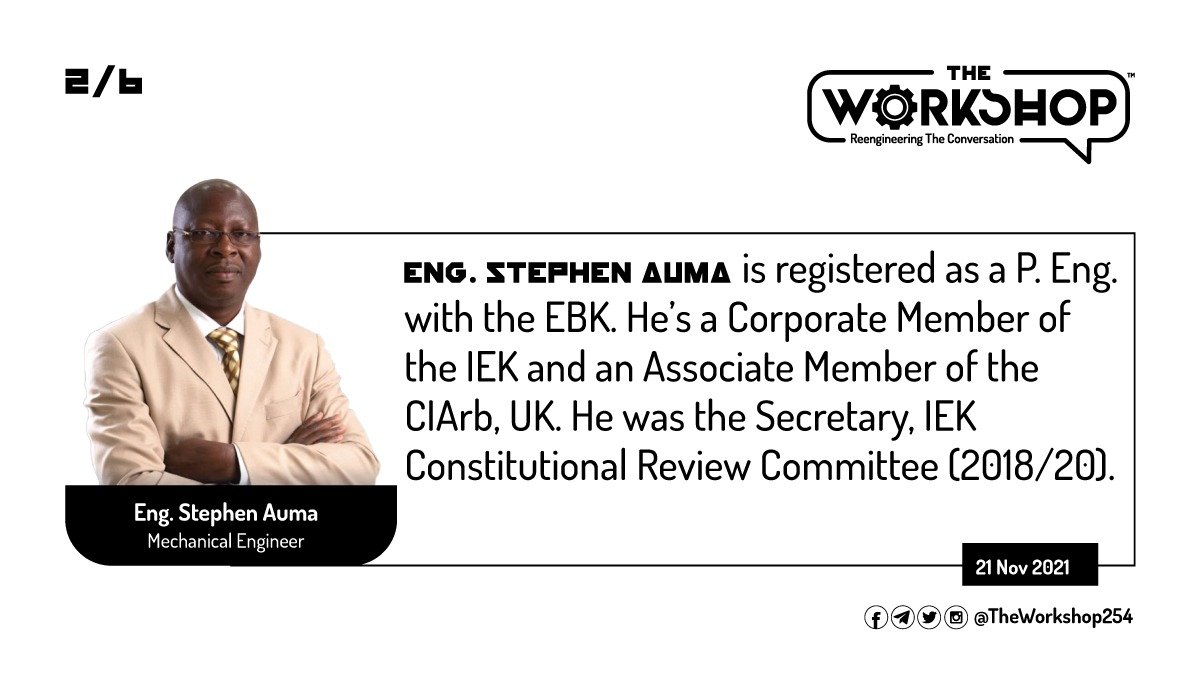 TheWorkshop254's tweet photo. Eng. Stephen Auma is registered as a #PEngKE. with the @EngineersBoard. He’s a Corporate Member of @TheIEK &amp; an Associate Member of the @CIArb. He was the Secretary, @TheIEK Constitutional Review Committee (2018/20).

#TheWorkshop254
#JkuatTechExpo11 https://t.co/qWAWxa1iA9