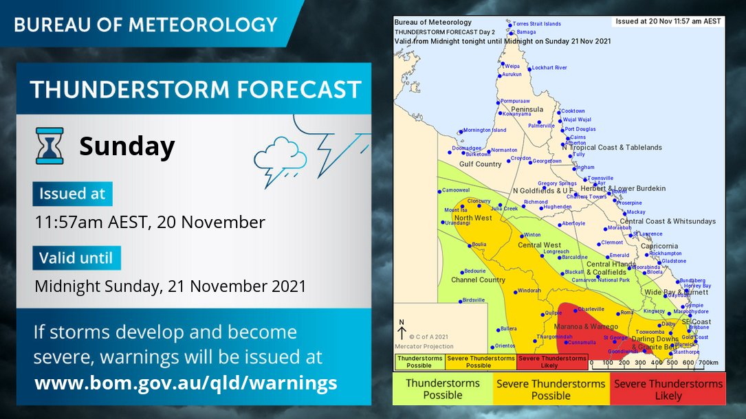⛈️ Thunderstorm forecast for Sunday: severe thunderstorms are likely in the southern interior, and possible through southern and western #QLD, with a chance of damaging winds, heavy rainfall, and large hail. Today's warnings: bom.gov.au/qld/warnings/