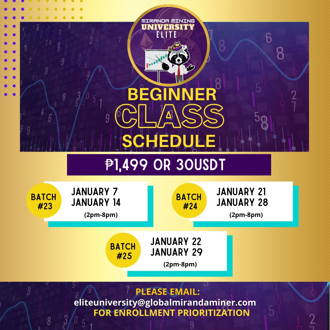 MiningMiranda's tweet photo. Naiinis ka ba kasi until now di ka pa rin profitable? Baka that is a sign that you need a working system na...

University System
Mentoring System

You choose!

Classes are now for 2022 since 2021 classes are now fully booked

#MirandaMinerProfitableSystem https://t.co/enxqkySJNt