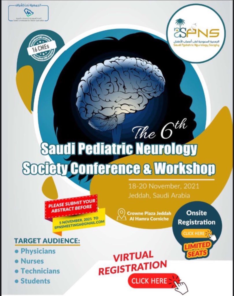 SPNS_C's tweet photo. اليوم الثالث والأخير للمؤتمر السادس لطب أعصاب الأطفال 🧠✨ 

الحضور إفتراضيًا متاح للجميع، في حال الرغبة في الحصول على الساعات العلمية CME، يجب دفع رسوم إشتراك المؤتمر..

لحضور ورشات العمل إفتراضيًا يجب التسجيل بالرابط التالي:
https://t.co/5xuTiQjmMU

@SPNSKSA @abamaga @fbashiri https://t.co/luW5owaHkD