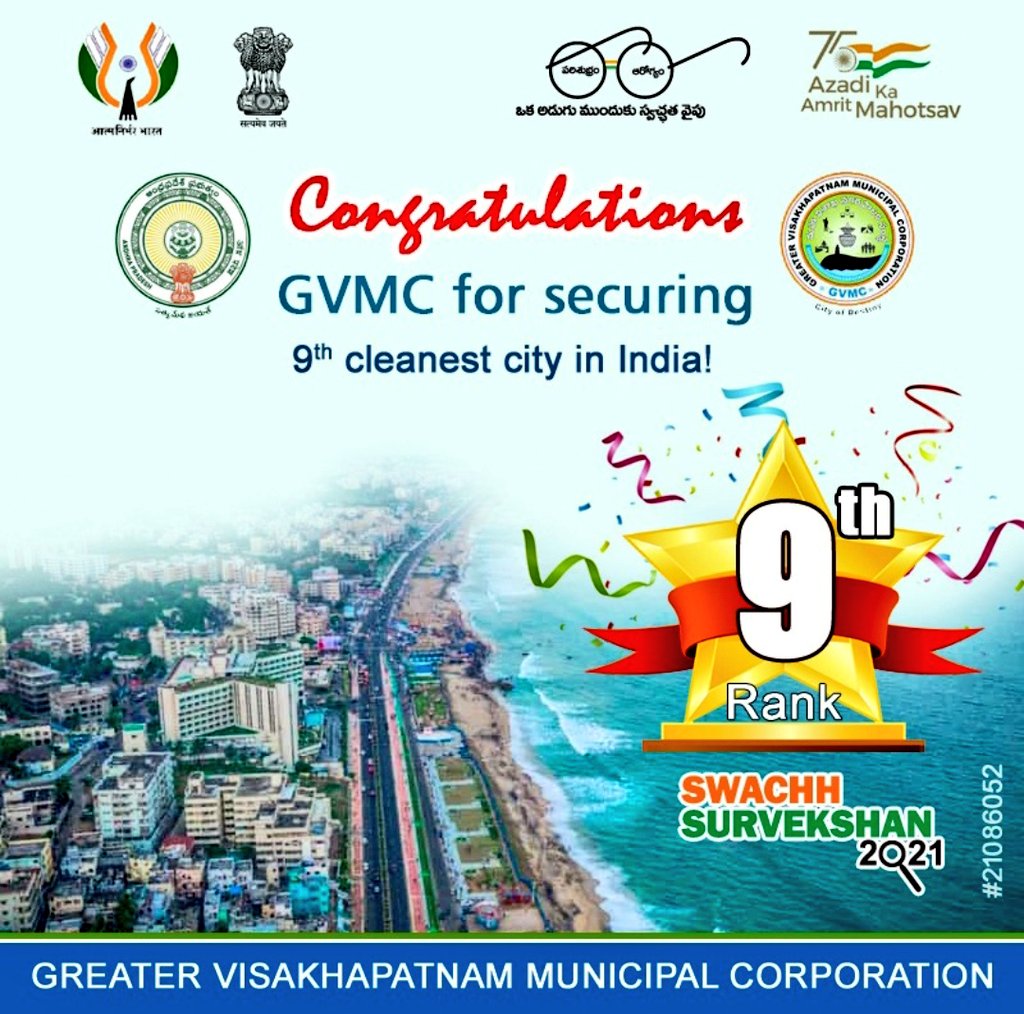 GopiKishorRaja2's tweet photo. #Vizag @GVMC_OFFICIAL Got 9th Rank in @SwachSurvekshan 2021
- Best city in #citizensfeedback
- Got #Bronze Medal in #SwachhSurvekshan2021
Received on #GFC 3Star Ranking
#Congratulations @GummallaSrijana @LAKSHMISHA_IAS @viswanadha1981 @gvmcommissioner @SwachhBharatGov https://t.co/CgR579zGgP