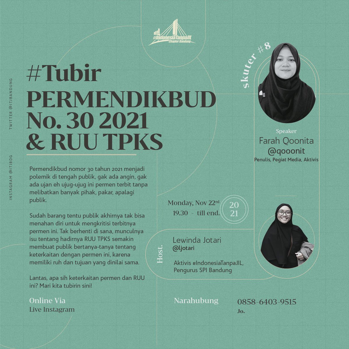 Sampai Nanti malam yaa Geeengs. Teman². Kita dalami hal ini sebagai bentuk perjuangan kita <a href="/ITJBandung/">🇮🇩IG: ITJBdg🇵🇸</a> mempersembahkan ini buat kamuh 🙏🏽#CabutPermendikbudristekNo30

See you 🙌🏾