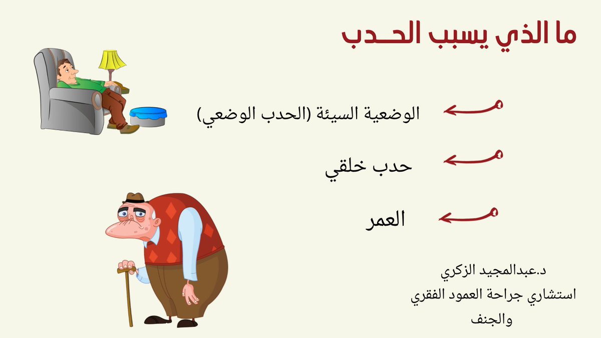 AlzakriA's tweet photo. #الظهر #صحتك #صحتك_حياتك ما الذي يسبب الحدب؟
 
ا. الوضعية السيئة (الحدب الوضعي) -
يمكن أن يؤدي التهدل والانحناء للخلف في الكراسي وحمل الأكياس الثقيلة ، الى زيادة في انحناء العمود الفقري.
 
ب. حدب خلقي
 
ج. العمر - مع تقدم الناس في السن ، يمكن أن يزداد انحناء العمود الفقري لديهم. https://t.co/KLP26v69Er