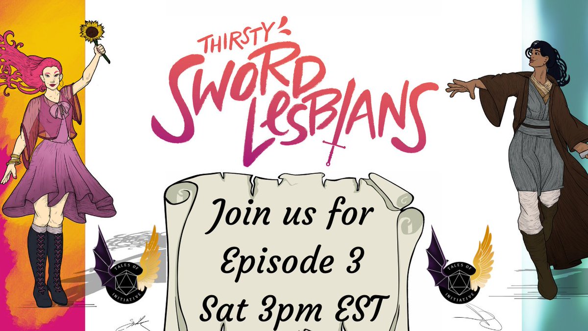 Enjoy flirting? Sword fights? Rap Battles?

Saturday 3pm EST! Join us for another episode of "What Matters Most!" a Thirsty Sword Lesbian campaign!

twitch.tv/tales_of_initi…

See you there! ;)

#TSL #ttrpg #TTRPGRising #LGBTQ #LGBTQIA #love 
<a href="/EvilHatOfficial/">Evil Hat Productions</a>