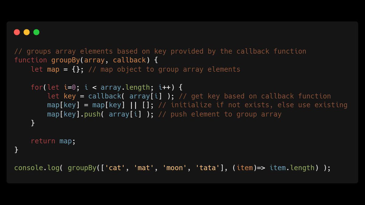 kamesh_koops's tweet image. Javascript code snippet for grouping array elements.
Retweet & Like will be useful for people following #100DaysOfCode #javascriptjobs #Coding #webdevelopment #JS #React
Follow me ☑ I'm planning on using Twitter to share a lot of content that you won't want to miss 🎢