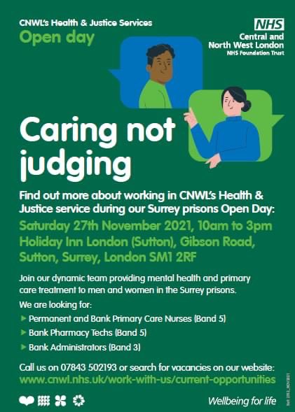 Looking for a new challenge? Find out more about working in our Health &amp; Justice service during our Surrey prisons Open Day on 27 November. 

Join our dynamic team providing mental health and primary care treatment.