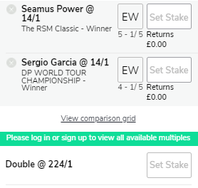 In-Play E/W Golf double - Seamus Power (RSM Classic) and Sergio Garcia (DP World Tour Championship) https://t.co/sLIo4woPyX