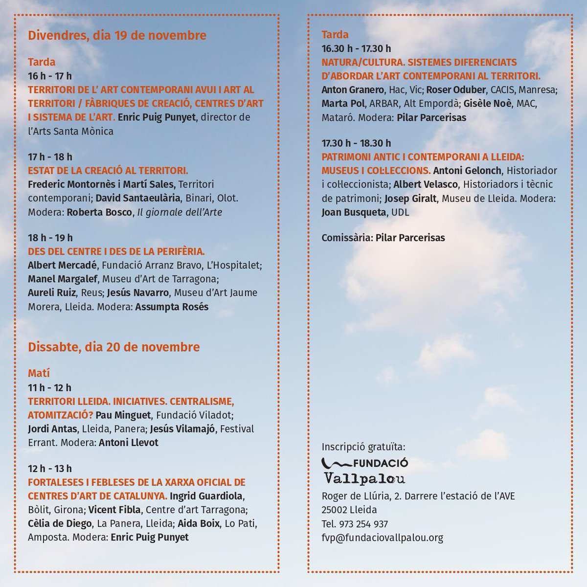 Avui dissabte anem a les jornades "Art i territori (contemporani) +" amb les companyes de <a href="/BolitGirona/">Bòlit, Centre d'Art</a> <a href="/centreartlopati/">Lo Pati Centre d'Art</a> <a href="/LaPaneraLleida/">Centre d'Art la Panera</a> <a href="/santamonica_bcn/">Santa Mònica</a> <a href="/macmataro/">M | A | C Mataró Art Contemporani</a> <a href="/acvic/">ACVIC Centre d'Arts Contemporànies</a> 
També podeu seguir-nos en streaming! 
Link via @FVallpalou