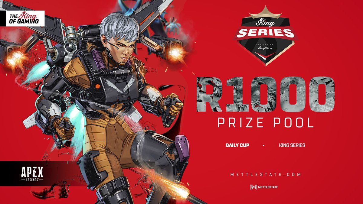 Mettlestate's tweet photo. Don’t miss today’s Apex Legends Cup, powered by @KingPriceIns ⚔ 🏰
Starting at 14:00, check-ins open at 13:00.
R1000 prize pool 💪😄
#KingSeries #TheKingOfGaming #ForgeDailyCups #ApexLegends https://t.co/Nd2WWA8M7x
