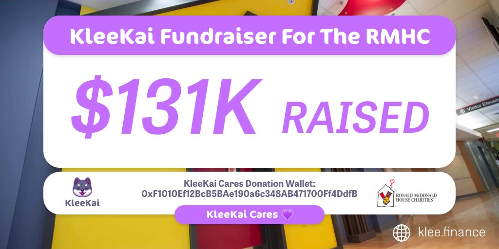 Our first KleeKai Cares 💜 fundraiser has been a HUGE success! In only two days, the community has donated a mind blowing amount of $131k worth in crypto! 🤯🎉

All donations will go to <a href="/RMHCCharleston/">RMHC Charleston</a> 
To learn more about what they do go to:
rmhcharleston.org

Thank you 💜