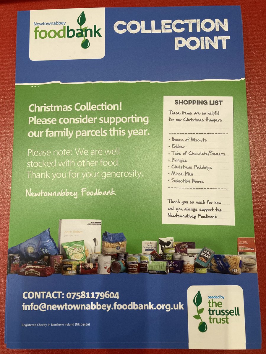 We’re at Tesco Northcott this afternoon collecting for our Christmas hampers. Please consider donating some of the items on the list to make Christmas a little better for those in need. ⁦<a href="/n_abbeyfoodbank/">Newtownabbey Foodbank</a>⁩
