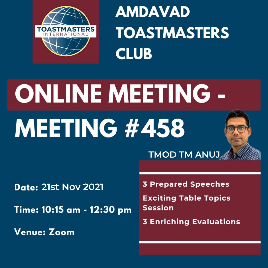Toastmaster_ahd's tweet photo. Theme for the meeting is *‘My Choice’* by TMOD TM Anuj. We are all prepared. Are you geared up for lots of fun, networking and learning? 🤩

*Meeting/Registration Link:*
https://t.co/YXLpPFiewp

*Follow ATM On->*
Instagram:  https://t.co/0VvYilf1oZ

https://t.co/IgCxIuHdPx https://t.co/SgPzfFTy1B