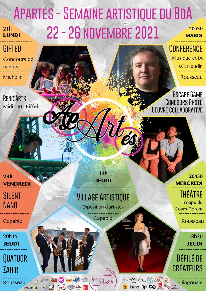 Quel est le lien entre <a href="/jcheudin/">Jean-Claude Heudin</a>, le Cours Florent, le Quatuor Zahir, Barus, un défilé de créateurs et une soirée silencieuse ? 

Tous seront au programme de l’édition 2021 d'Apartés, organisée par le BdA du 22 au 26 novembre à <a href="/centralesupelec/">CentraleSupélec</a> ! 

Site : apartes.cs-campus.fr