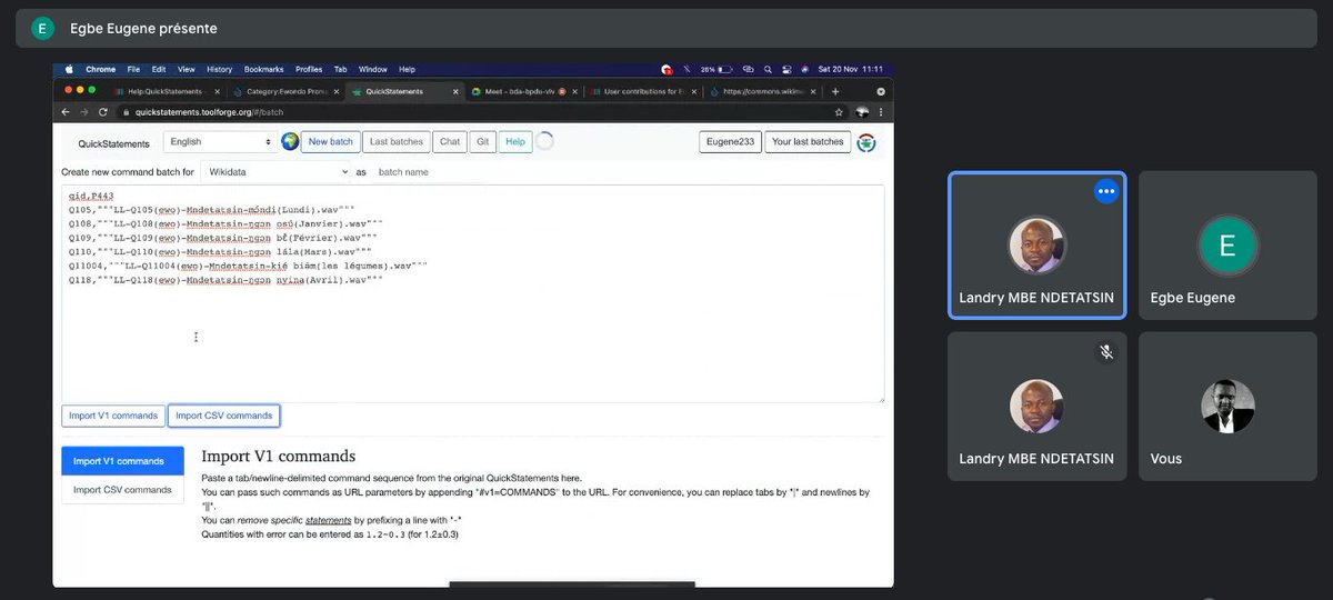 bilerene237's tweet image. Dans le cadre des activités de #AGPB au #Cameroun, nous avons tenu une session de travail en ligne où @newDeal23  encadrait sur les contributions massives grâce à l&apos;outil #Quickstatements @wikidata