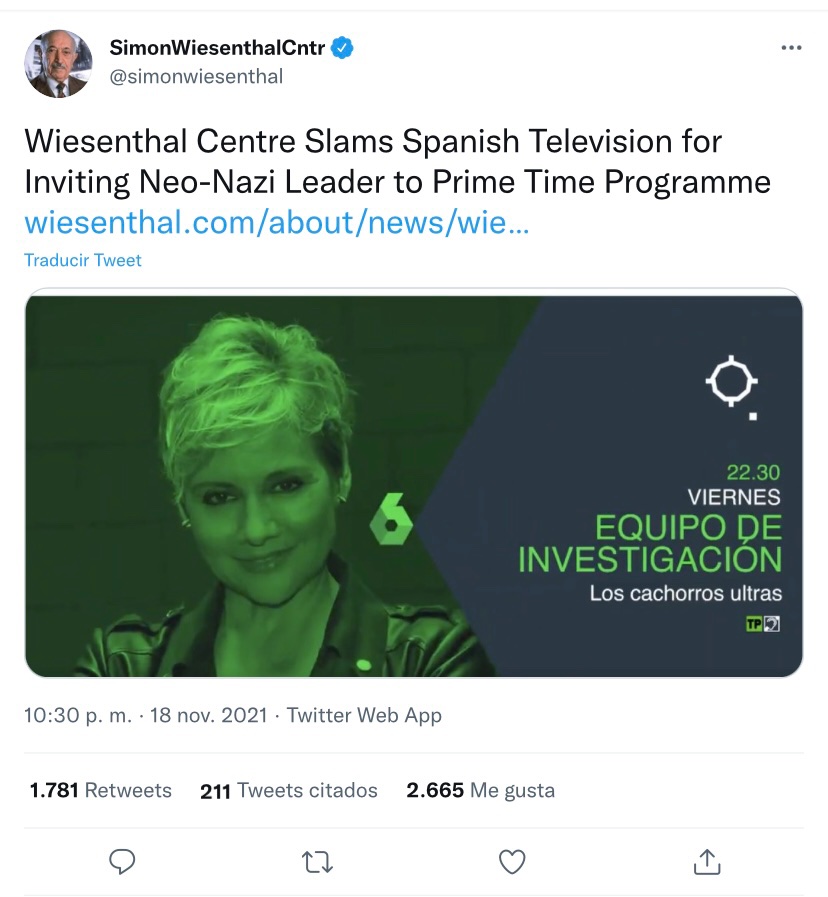 anluma99's tweet photo. El centro Simón Wiesenthal denuncia la propaganda de una líder neonazi realizada por una televisión española en hora de máxima audiencia https://t.co/ZMAkcuCdwT