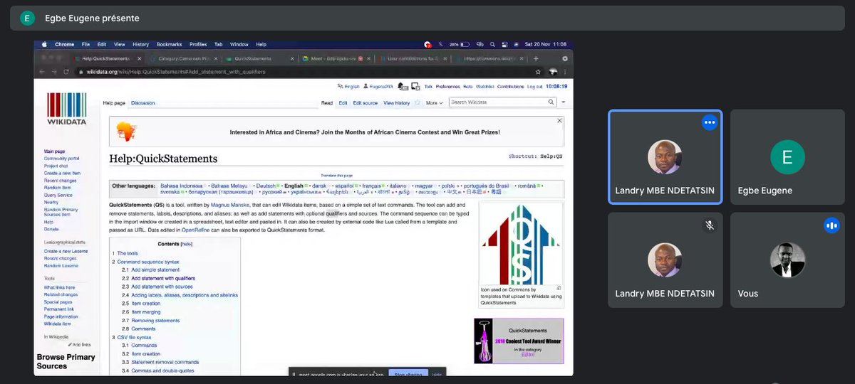 bilerene237's tweet image. Dans le cadre des activités de #AGPB au #Cameroun, nous avons tenu une session de travail en ligne où @newDeal23  encadrait sur les contributions massives grâce à l&apos;outil #Quickstatements @wikidata