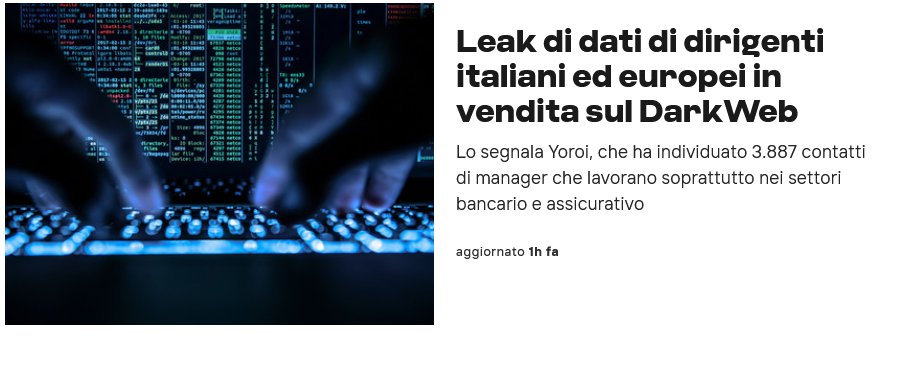 Leak di dati di dirigenti italiani ed europei in vendita nel #DarkWeb 
Il Cert Yoroi ha individuato 3.887 contatti di manager che lavorano soprattutto nei settori bancario e assicurativo e che adesso sono a rischio truffa.
agi.it/cronaca/news/2…
#Yoroi #cybersecurity