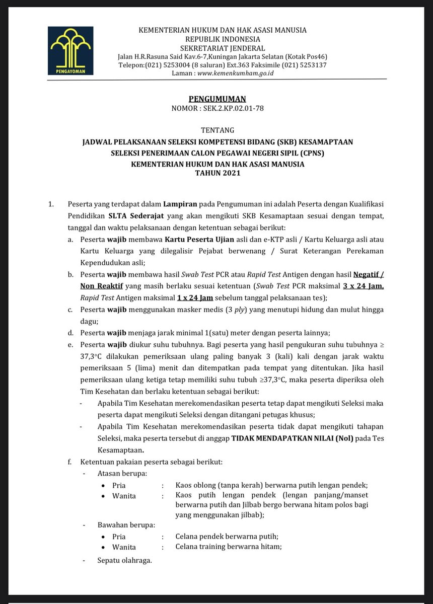 CASNkumham's tweet photo. berikut adalah

"PENGUMUMAN PELAKSANAAN SELEKSI KOMPETENSI BIDANG (SKB)  CPNS KEMENTERIAN HUKUM DAN HAM TAHUN 2021"

tetap semangat dan SALAM PEMBAHARUAN! https://t.co/tAgr7lVaSq
