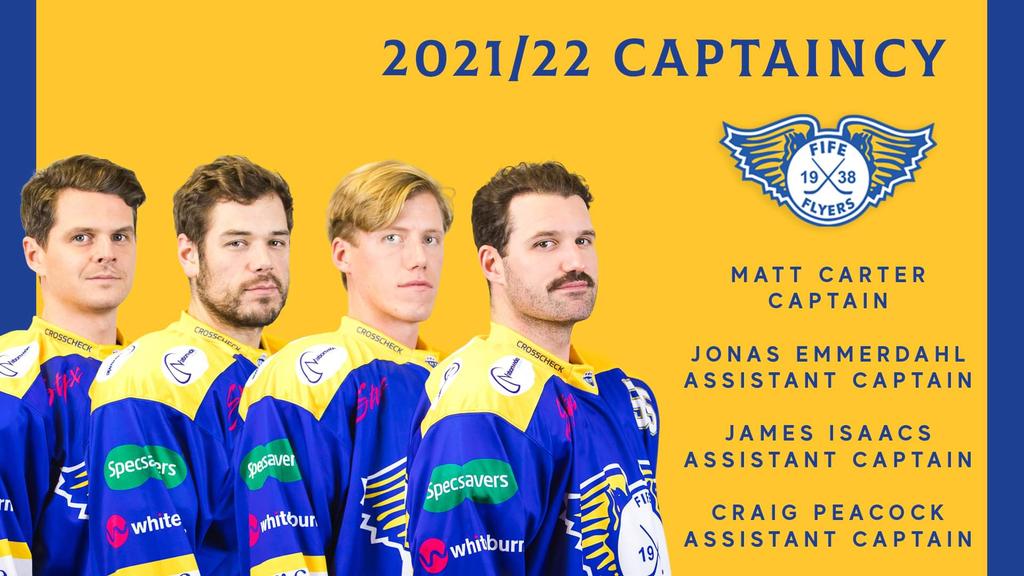 FifeFlyers's tweet photo. FIFE FLYERS CONFIRM ON-ICE LEADERSHIP TEAM FOR 2021/22 

The @UNISONFifeHlth Fife Flyers are delighted to announce the on-ice leadership team for the 2021/22 @officialEIHL

Matt Carter takes the C whilst Emmerdahl, Isaacs and Peacock will wear As 

https://t.co/gmV4sdinAE https://t.co/jLVpjrllQh
