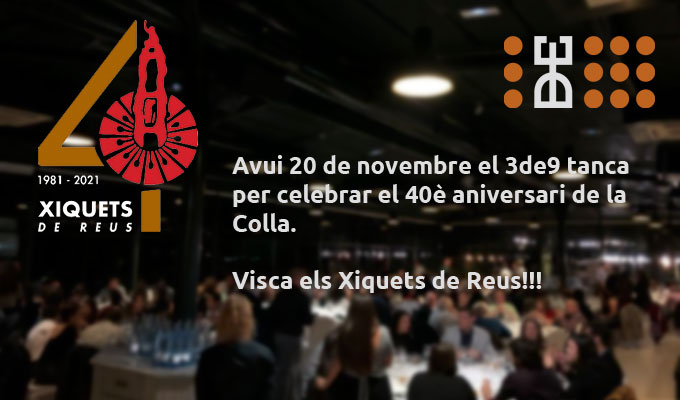 3denou_reus's tweet photo. Avui 20 de novembre el 3de9 tanca per celebrar el 40è aniversari de la Colla.

Visca els Xiquets de Reus!!! https://t.co/UDsgeX7rNQ