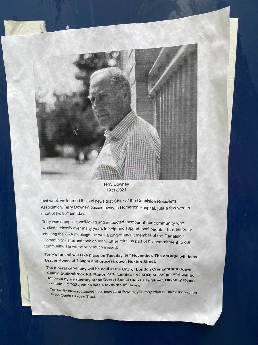 Very sorry to see that Terry Downey, Chair of <a href="/Canalside_RA/">Canalside Residents</a>, has recently passed away. He was a great advocate for residents of the Whitmore Estate, and was passionate about his neighbourhood and about Hackney. RIP and my thoughts are with his family.
