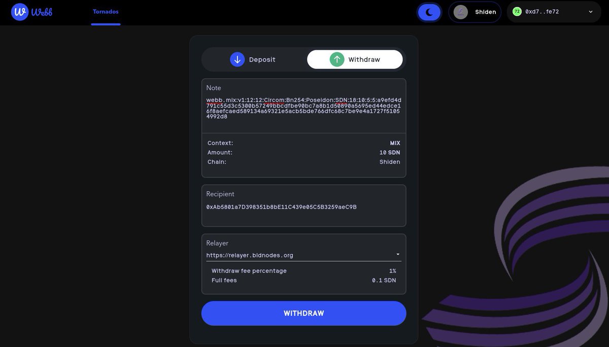 ShidenNetwork's tweet photo. Privacy is coming to Shiden Network! @webbprotocol has the perfect tornado build on https://t.co/FCTx5J1L7P
First community relayers are live on Shiden! Feel free to join the #privacy tornados ๐ช and start your own relayer #privacy #webbprotocol #shiden https://t.co/l6IGr9kovY