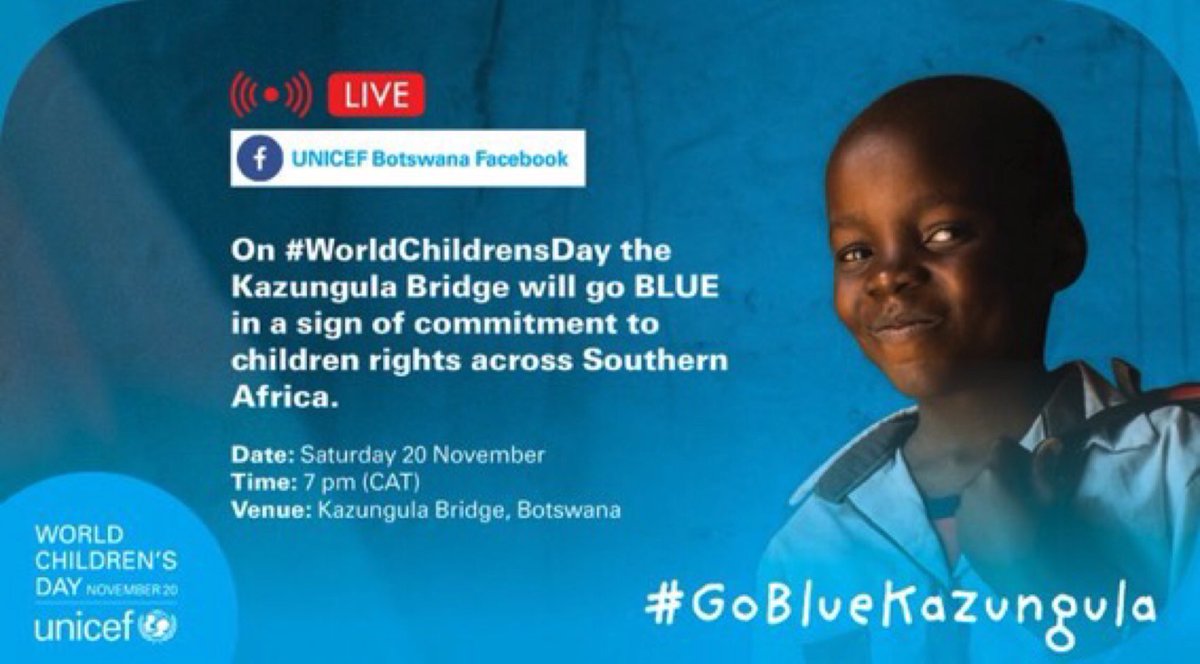 noalaskinner's tweet photo. It’s #WorldChildrensDay - a celebration of the universality of children’s rights. We’ll be at Kazungula bridge with children &amp; young people from 🇧🇼 🇿🇲 🇿🇼 🇳🇦who’ll interact with the Presidents of the 4 countries before the bridge turns blue tonight #GoBlueKazungula #foreverychild https://t.co/6YGJJO2GaJ