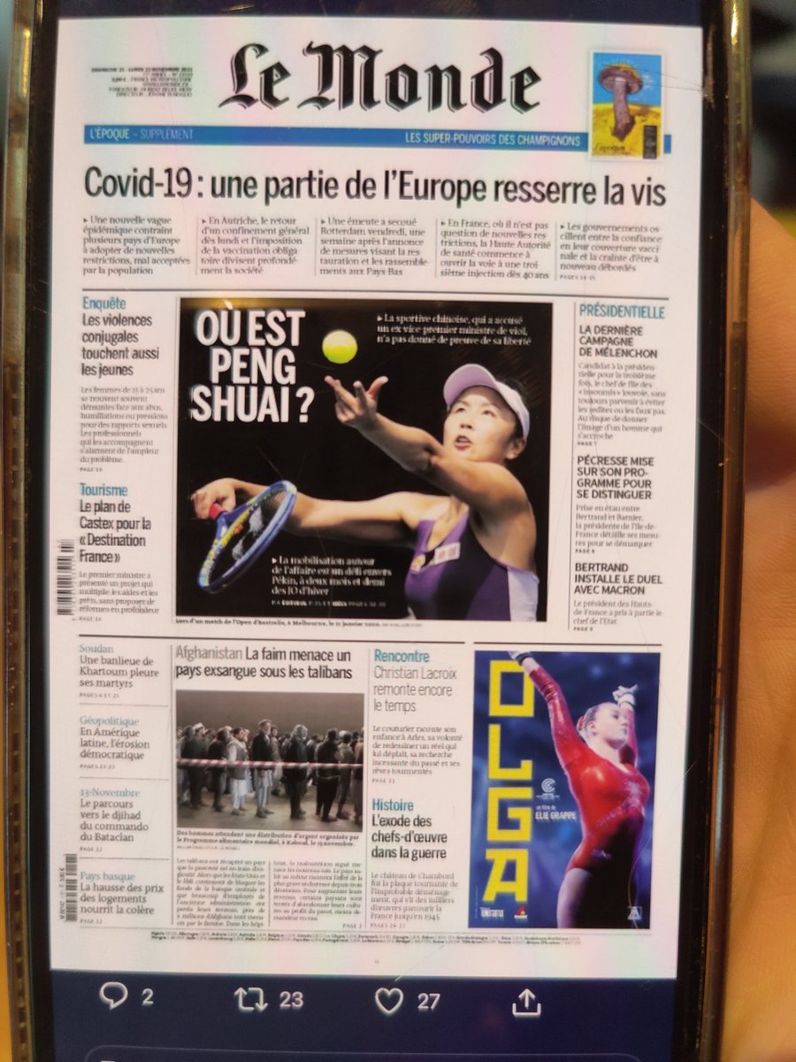 v_vantilcke's tweet photo. @lemondefr en parlait déjà il y a 10 jours, aujourd'hui ils en font leur une #PengShuai #WhereIsPengShuai https://t.co/uftn5K1Fek