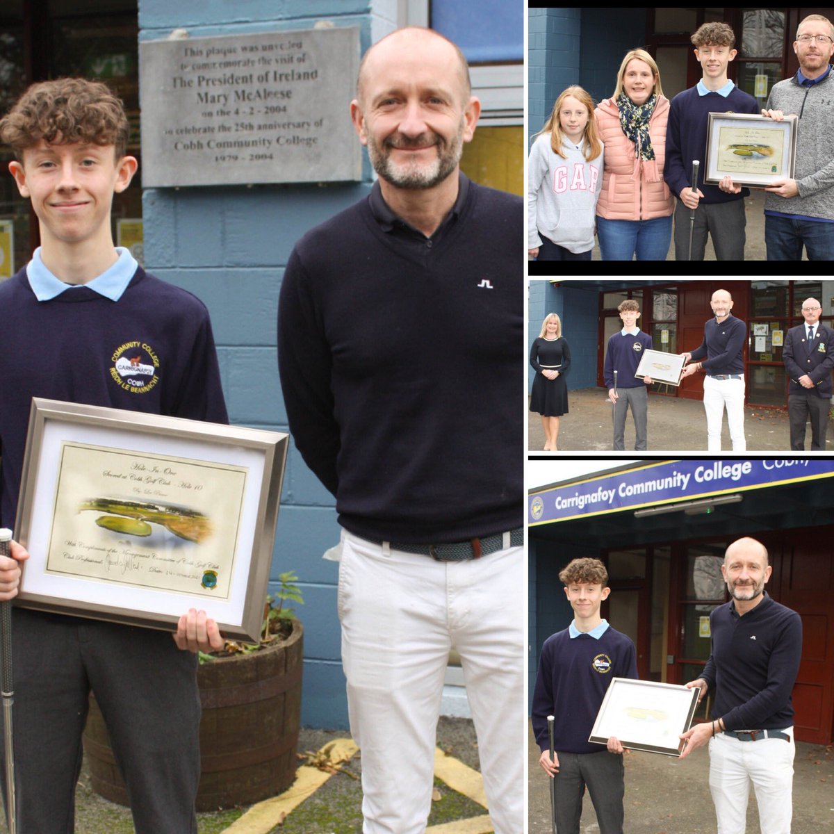 LEE PRINCE student of Carrignafoy Com. College received a surprise  presentation this wk, Lee scored a Hole-In-One at the famous Island hole  10th playing the President's Prize, pics incl Club Pro David