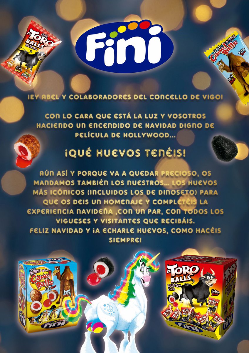 En #Vigo ya es #Navidad con el encendido de luces más llamativo de España 😱
¡Manda huevos con lo cara que está!
Pese a todo y por eso mismo, hemos hecho llegar a <a href="/abelcaballero/">Abel Caballero</a> 5.000
Fini Huevos de chuche para endulzar las fiestas a los vigueses/as.
¡Con un par!