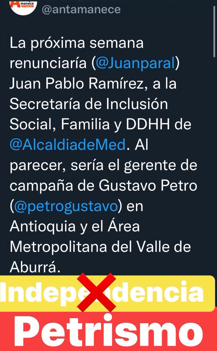 juangiraldomora's tweet photo. #Revocaton
En Medellin la “Independencia” era Petrista.
Fin del comunicado
#TuVotoRevoca
Pd: Eso explica todo este #Ensuciamiento a los paisas, a sus gentes, entidades y la division social que promovian. https://t.co/SI91KSmmEI
