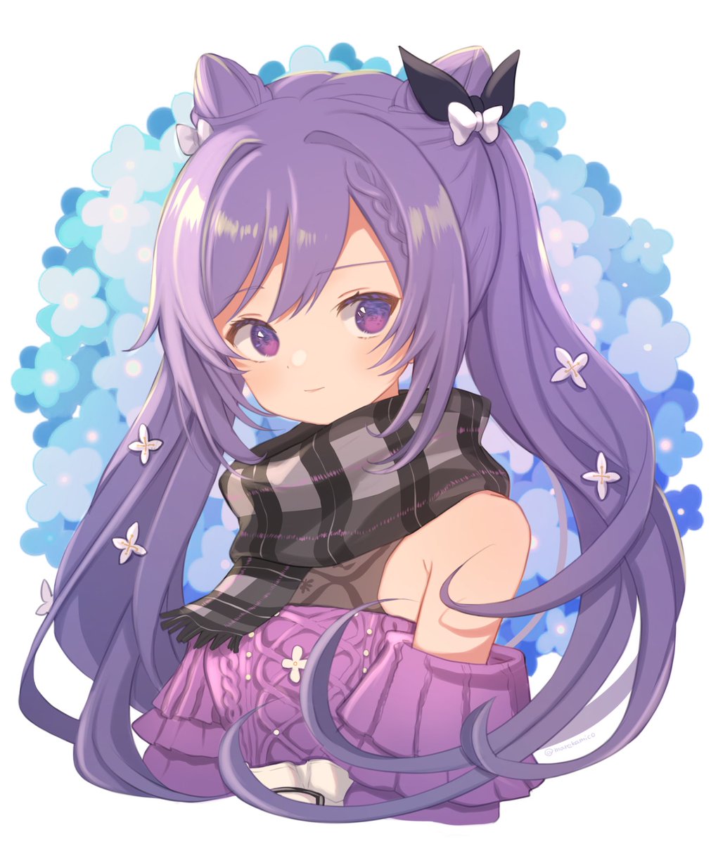 keqing (genshin impact) 1girl scarf hair bun purple eyes purple hair solo sweater  illustration images