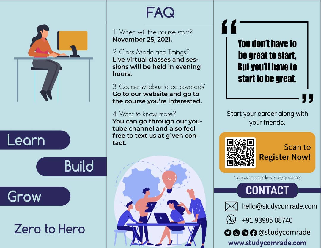 studycomrade's tweet photo. Here's everything about us and our course. The first batch is going to start in few days. Register for the course along with your friends and have fun time learning and building your career. 
Register here: https://t.co/v7b9T73TKm https://t.co/10hZkRMTIR
