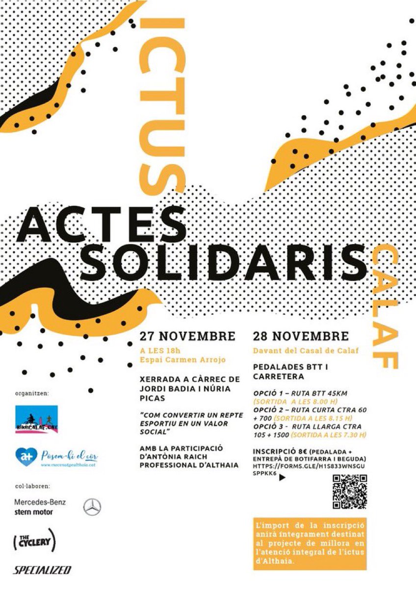 jvilamarta's tweet photo. Comencem a fer els primers quilòmetres solidaris en benefici de l’investigació de l’#Ictus
Tots hi podem col·laborar perquè en @BadiaJordi arribi a la meta del repte.
Nosaltres hi som, i tu?
@althaiamanresa #sternmotor #thecyclery #calaf https://t.co/75R2oLWlbA