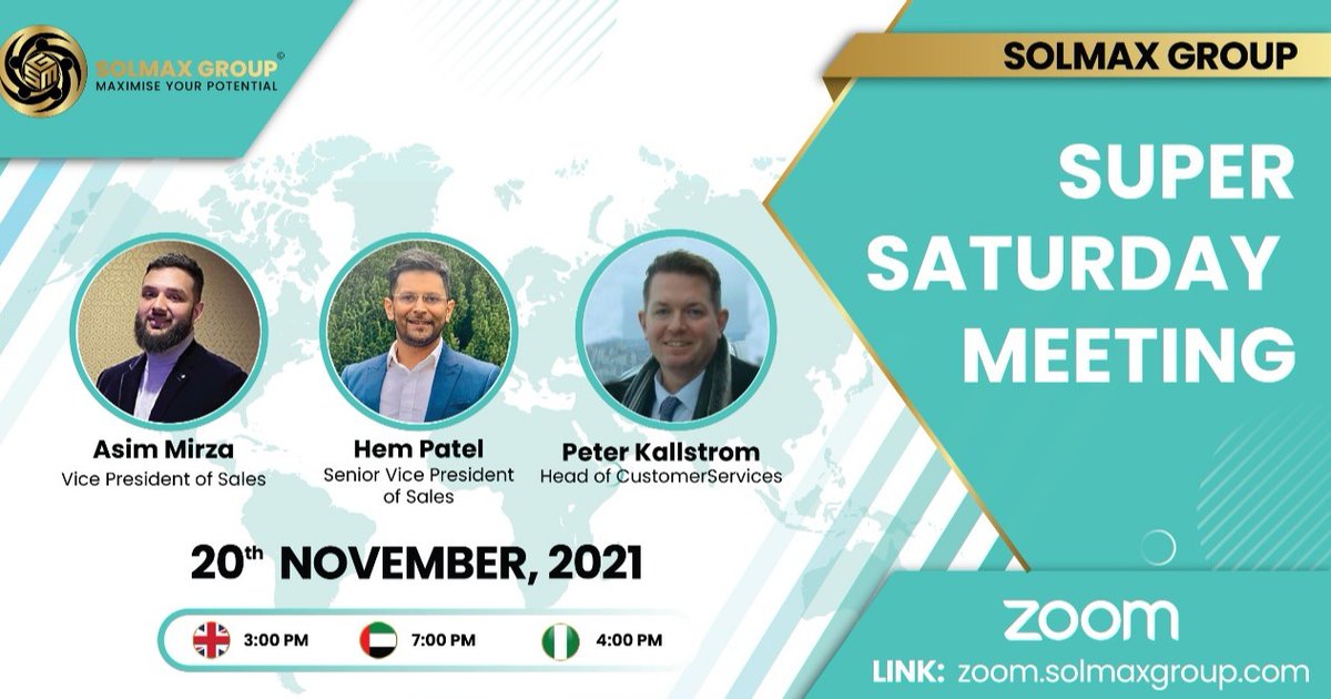 SolMaxGroup's tweet photo. Super Saturday Meeting

This informative run through of our business model is a must for anyone interested in finding out about SolMax Group.

Zoom link: https://t.co/fKX6U3f9UK

Starts: 20th November 2021 at 3:00 PM UK Time/7:00PM DUBAI Time/4:00PM NIGERIA Time
Duration: 60 Mins https://t.co/4AX7KGDIAm