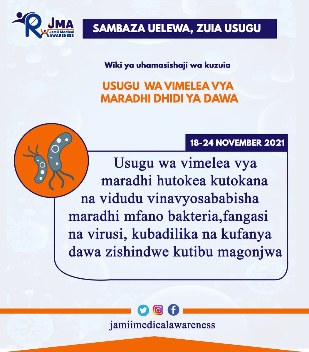 FridonM's tweet photo. 18-24 November 2021
Wiki ya kuongeza uelewa wa usugu wa vimelea vya maradhi duniani.

World Antimicrobial Awareness Week.

Cc;@JamiiMedical
#AntimicrobialAwarenessWeek #AntimicrobialResistance #WAAW2021 #WAAW https://t.co/0b3KUf8Uyq