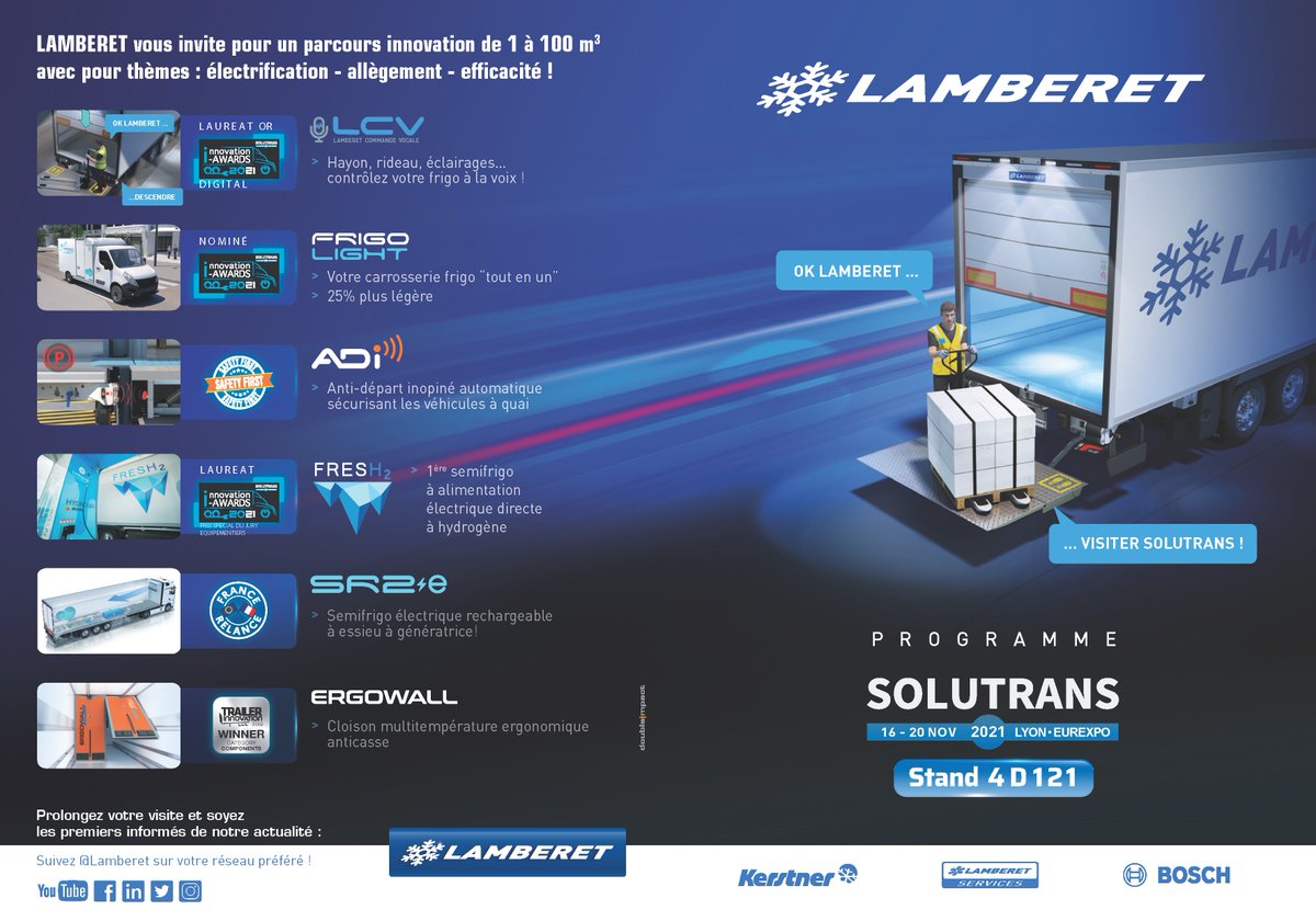 lamberet_sas's tweet photo. #Solutrans #Conducteurs #TousVIP Dernier jour du salon SOLUTRANS, l'occasion de découvrir et tester nos innovations: demandez le programme!
#Lamberet #Bosch #Carrier #Stef #Innovation #Awards #Salon #Programme #Eurexpo #Lyon #Transport #Logistique #Routier #CommandeVocale #SR2 https://t.co/XpiUbbXQZB