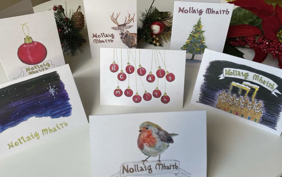 Hand-drawn pack of 7 Irish language Christmas cards by local artist @smarttrumpet - £5 plus p&p. Available to order online. musicglue.com/east-belfast-m…