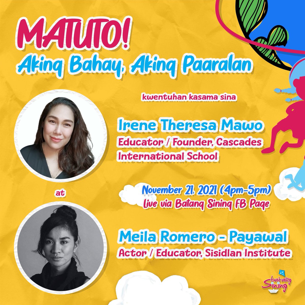CCPArtsEduc's tweet photo. MGA BATANG SINING!

Ano ang likas na mabuti para sa kalikasan? Samahan sina Ate Kaya at Juan bukas, Nobyembre 21, 2021, Linggo para sa mga aktibidad sa BATANG SINING AT KALIKASAN!

#CCPBatangSining2021 #CCPArtsEducation
#CCPOnline #CCP52 
#culturalcenterph https://t.co/0vfAPeV5sc