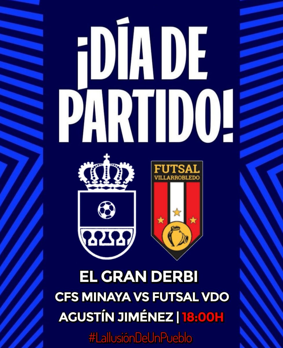 ¡DÍA DE PARTIDO! 💙

¡BUENOS DÍAS AZULONES! 👨‍👩‍👦

Estáis todos CONVOCADOS para el gran DERBI de la PROVINCIA...

¡18:00h!

Nos vemos por el AGUSTÍN JIMÉNEZ

#TodoAlAzul #LaIlusiónDeUnPueblo #Volveremos